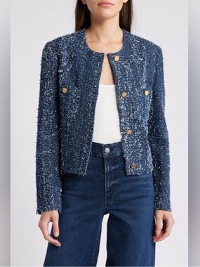 Frame Denim Boucle Navy Cropped Jacket Size Small